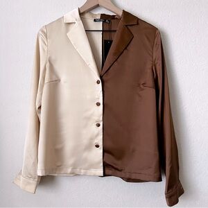 NASTY GAL Color Block Satin Shirt Top Blouse Two Tone Brown Cream 0 NWT